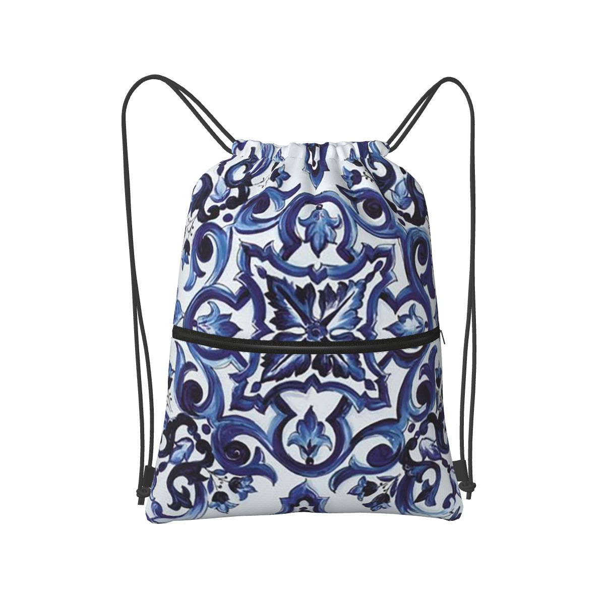 Tile Bag Drawstring - حقائب ظهر زرقاء مزخرفة بنقوش زهرية