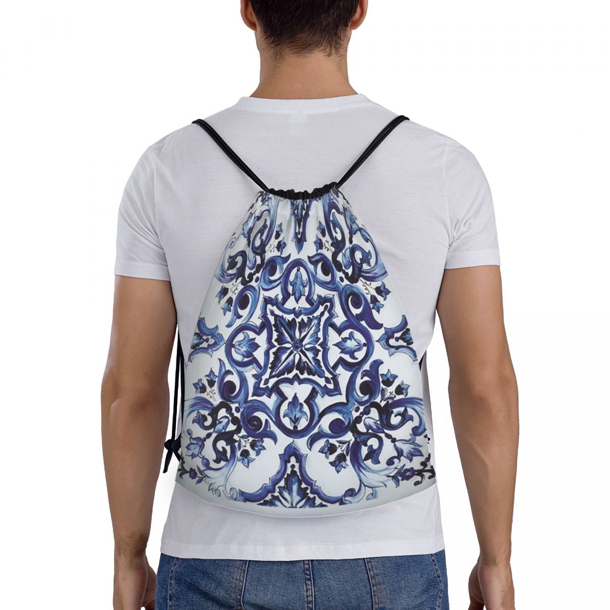Tile Bag Drawstring - حقائب ظهر زرقاء مزخرفة بنقوش زهرية